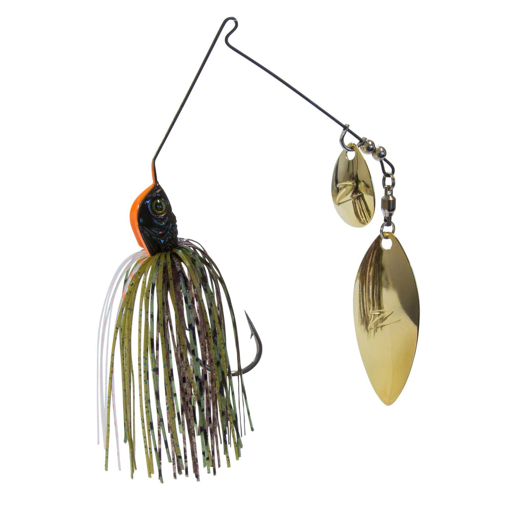 Fishing lure with dark head, white/green striped skirt, and two gold metallic spinner blades