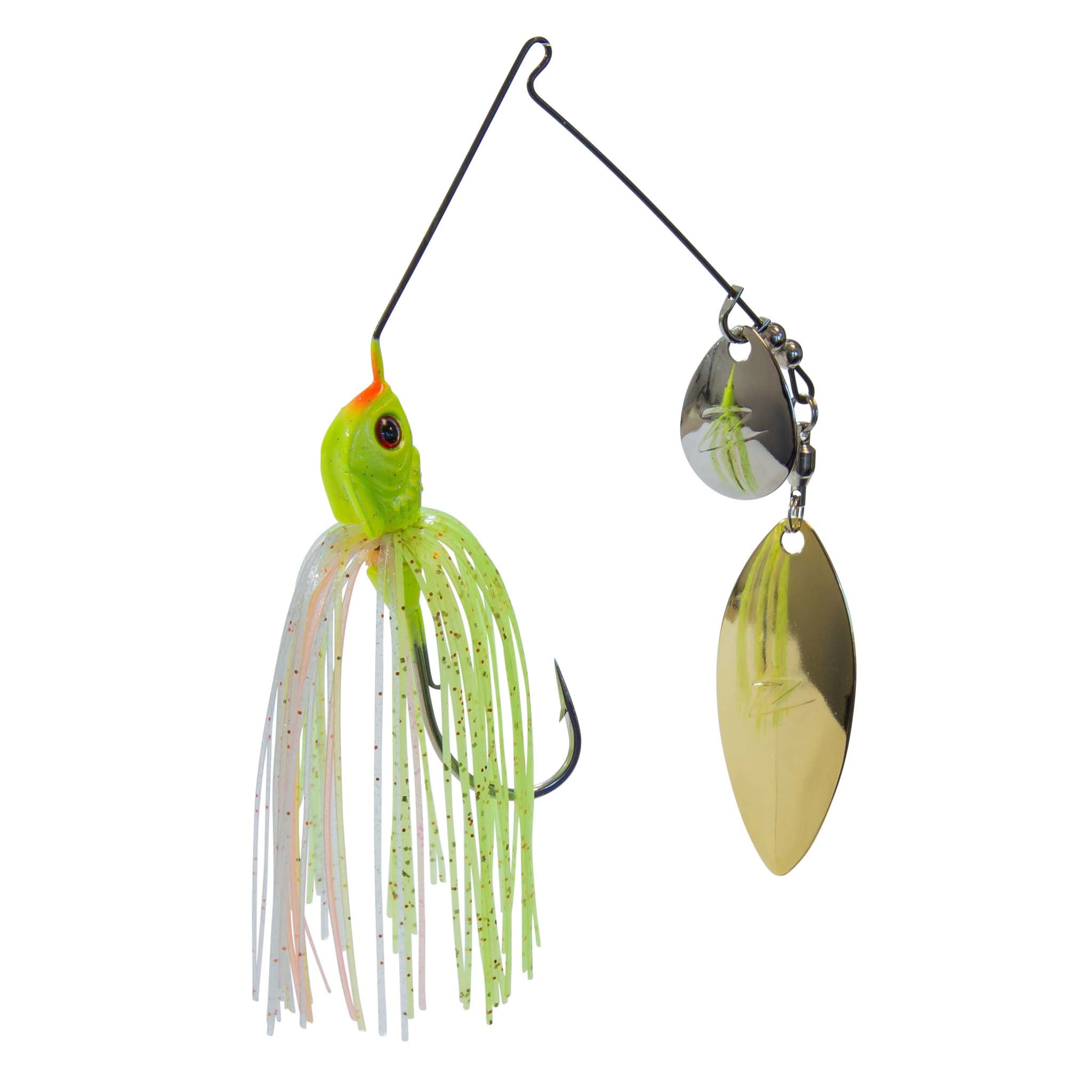 Fishing lure with chartreuse head, white and green skirt, and silver and gold spinner blades