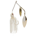 Double willow spinnerbait with white skirt, gold and silver blades, and treble hook