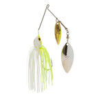 Double willow spinnerbait with white-and-lime skirt and two gold and silver blades