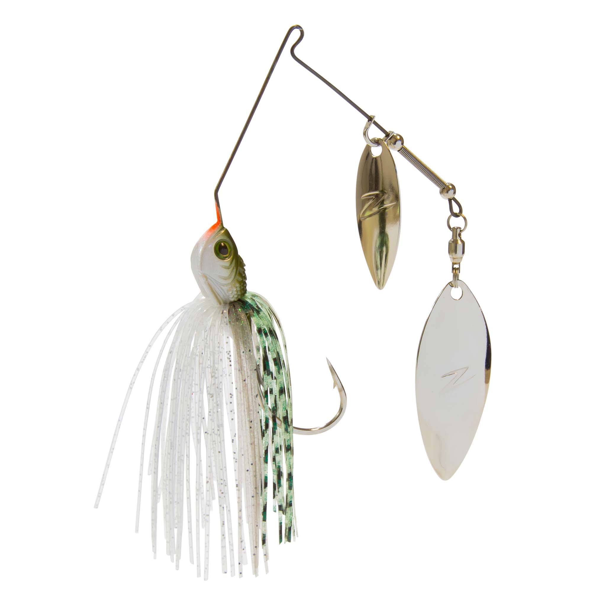 Double willow spinnerbait with white sparkle skirt, green accents, and two silver blades