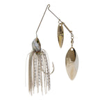 Double willow spinnerbait with silver skirt, speckled details, and two metallic blades