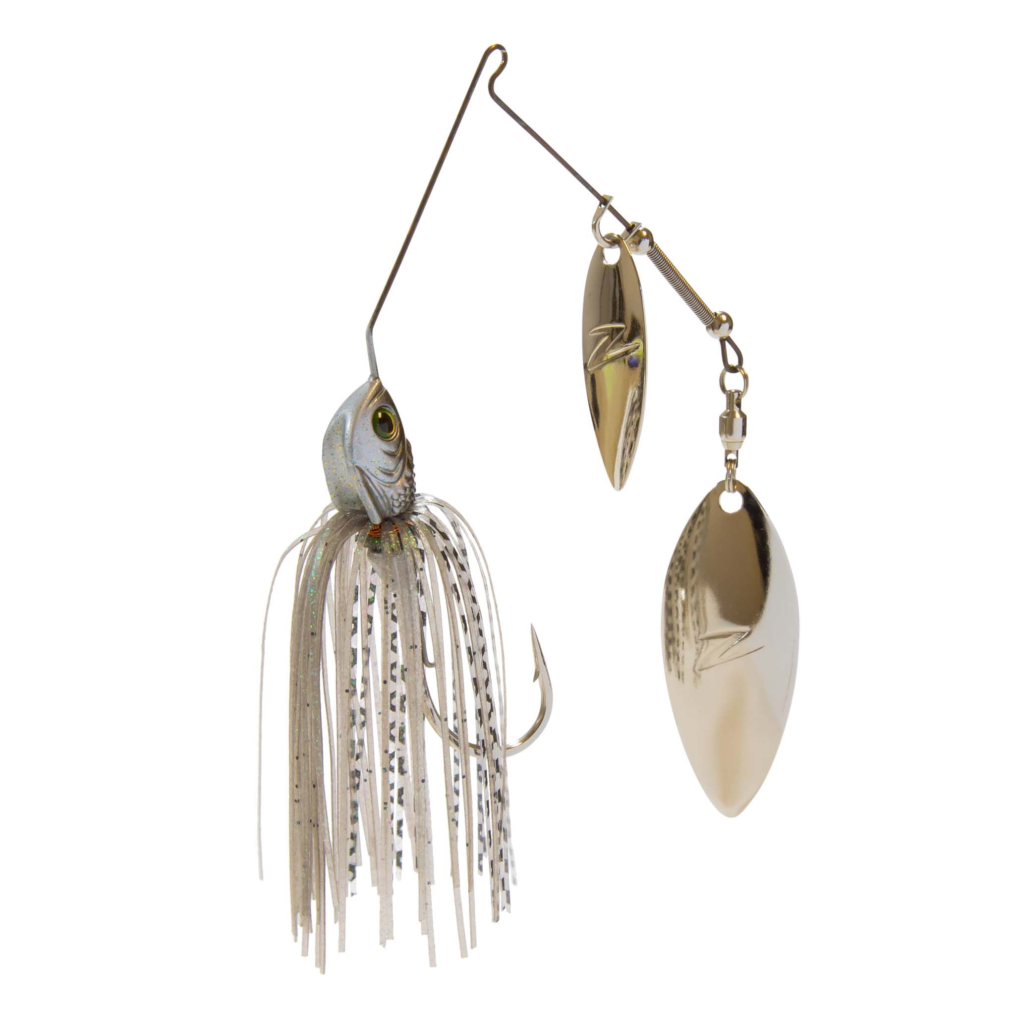 Double willow spinnerbait with silver skirt, speckled details, and two metallic blades