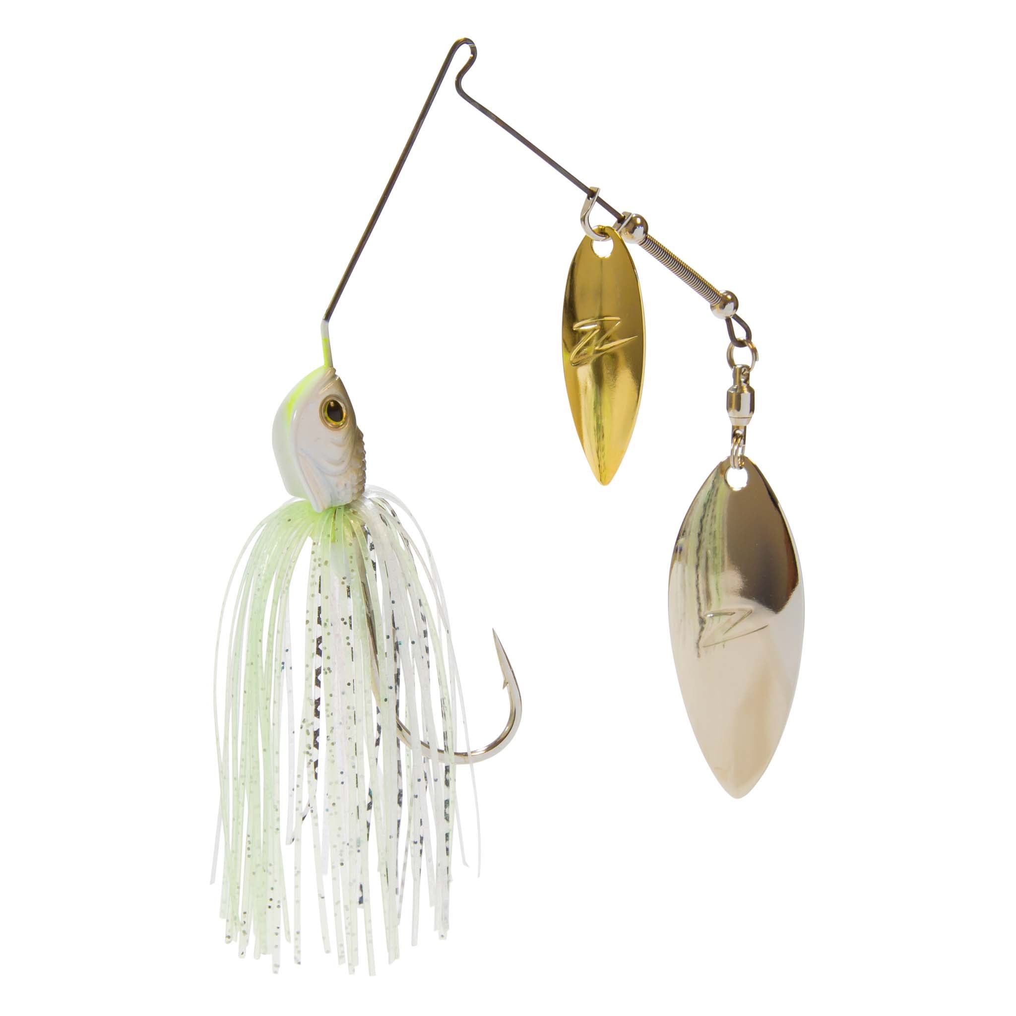 Double willow spinnerbait with white and chartreuse skirt and two gold and silver blades