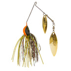 Double willow spinnerbait with orange head, multicolor skirt, and two gold blades