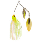 Double willow spinnerbait with lime-green head, white skirt, and gold and yellow blades