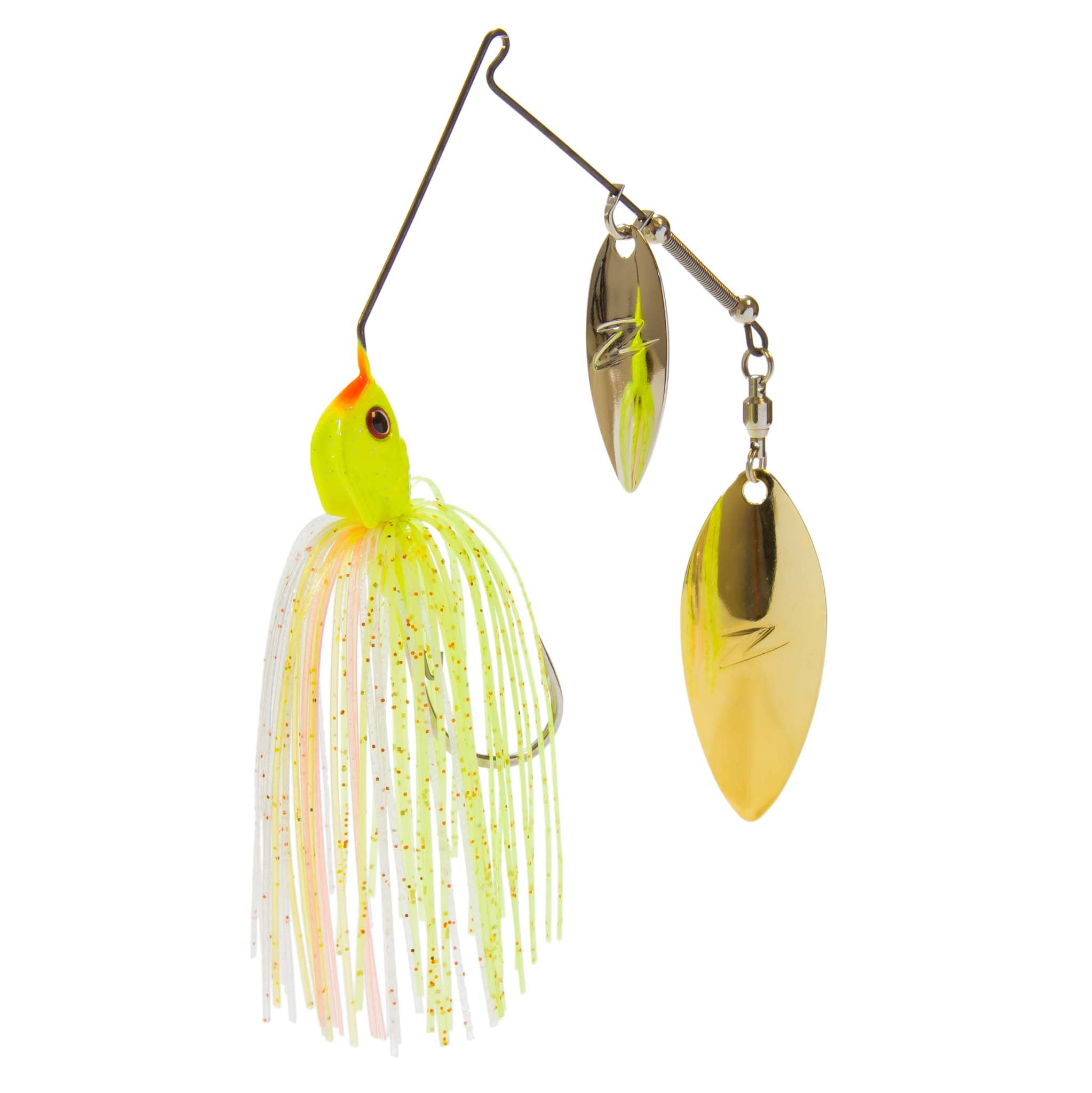 Double willow spinnerbait with lime-green head, white skirt, and gold and yellow blades