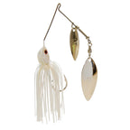Double willow spinnerbait with white skirt, gold blade, and silver blade