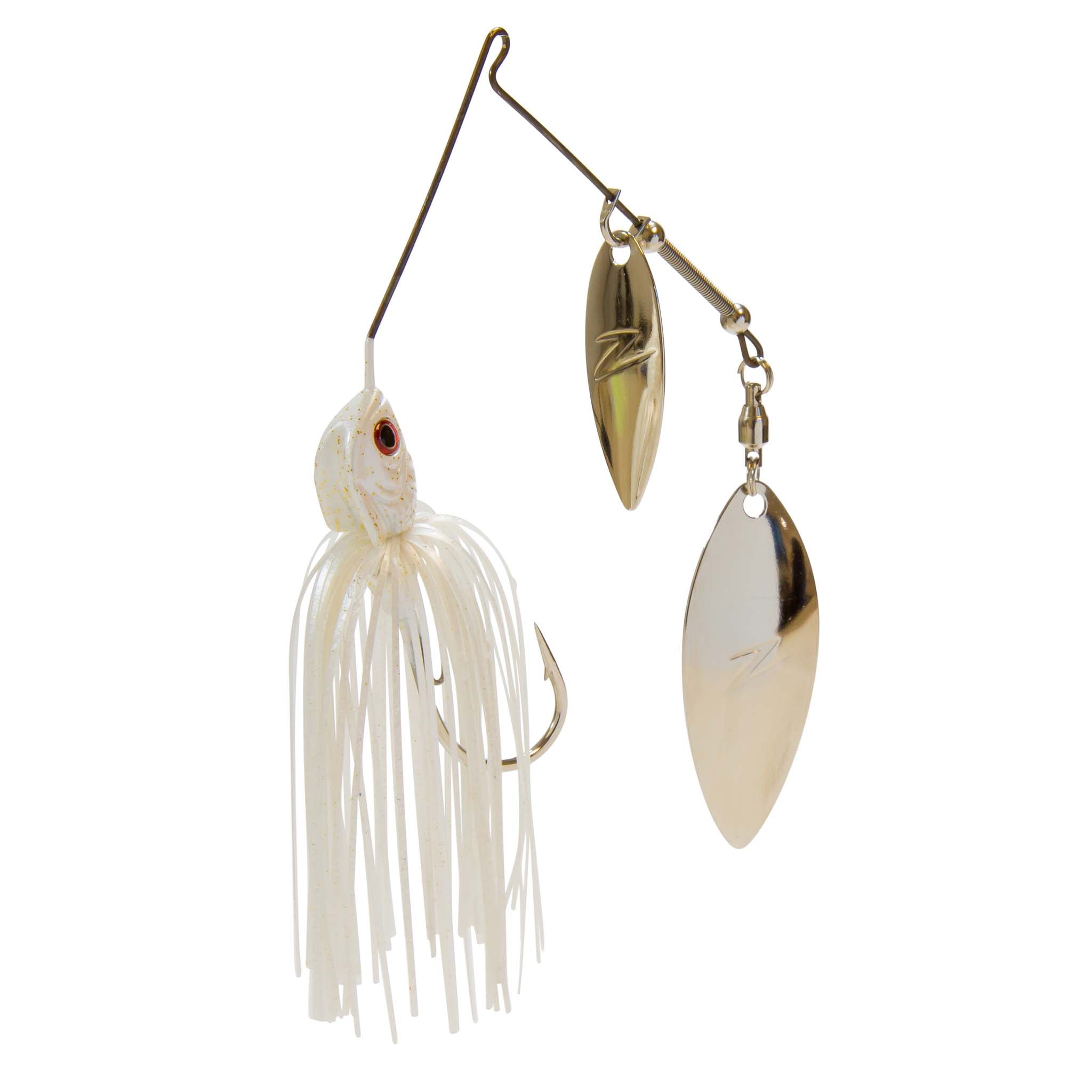 Double willow spinnerbait with white skirt, gold blade, and silver blade