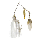Fishing double-willow spinnerbait with white skirt and two gold-toned metal blades