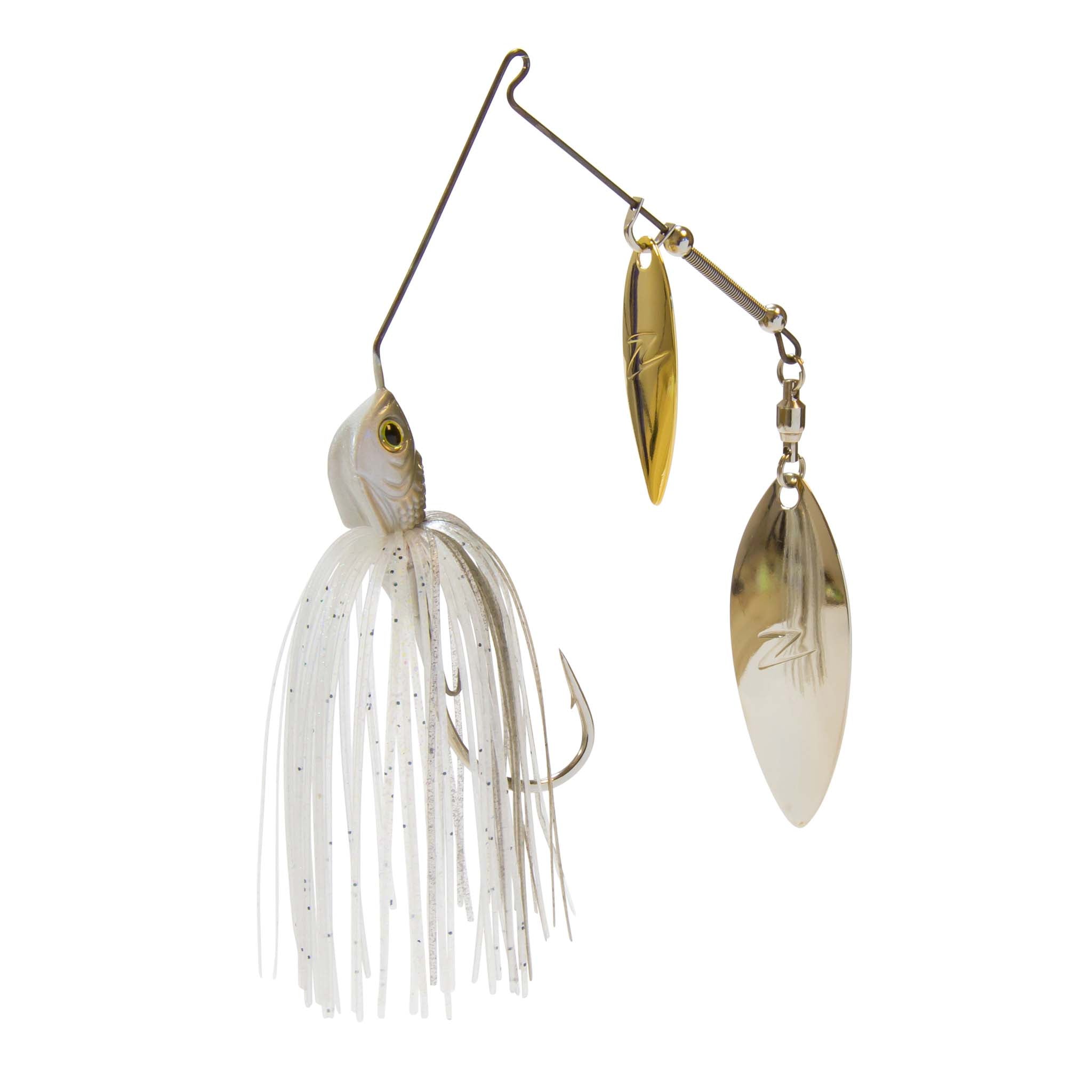 Fishing double-willow spinnerbait with white skirt and two gold-toned metal blades