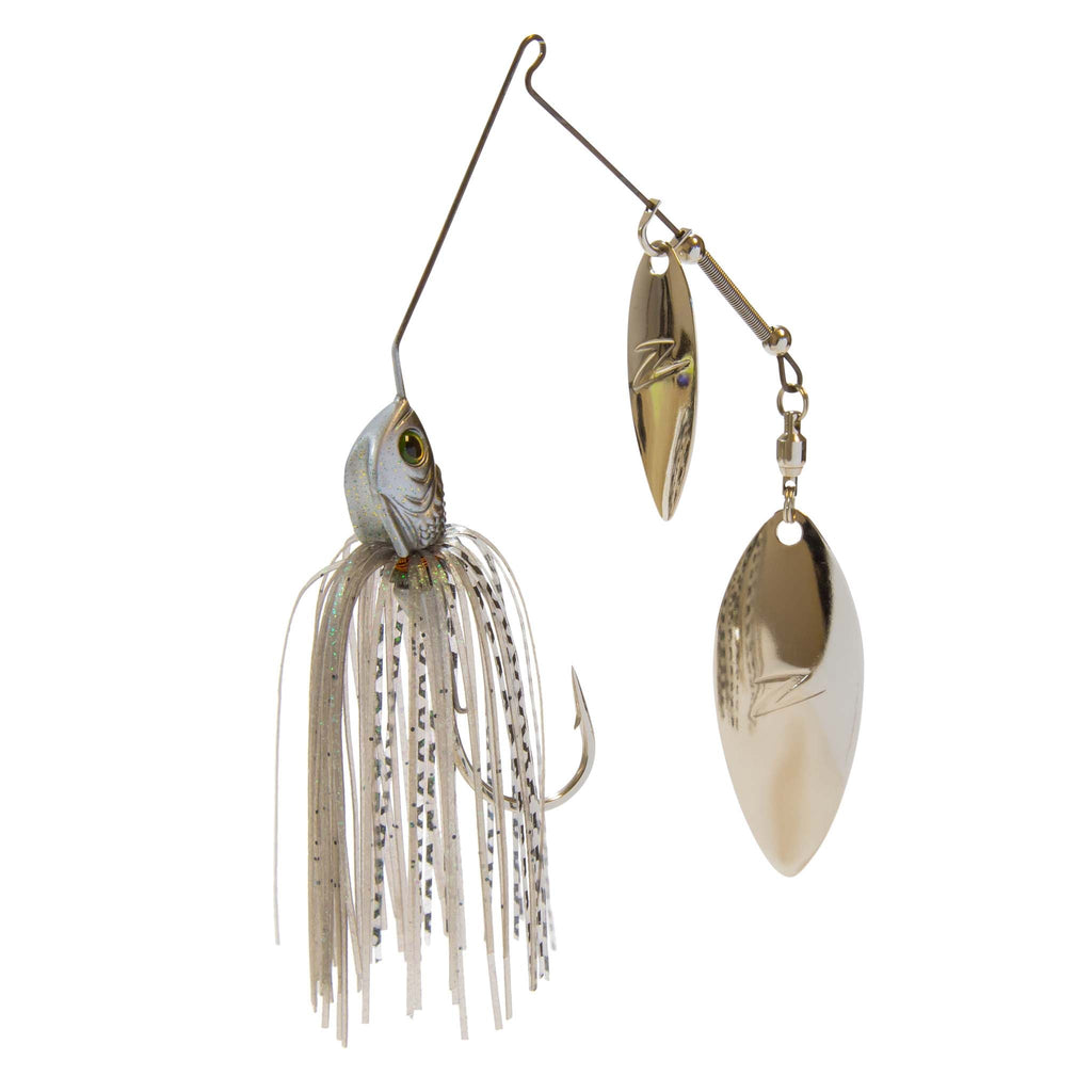 Fishing double-willow spinnerbait with light blue skirt and silvery metal blades