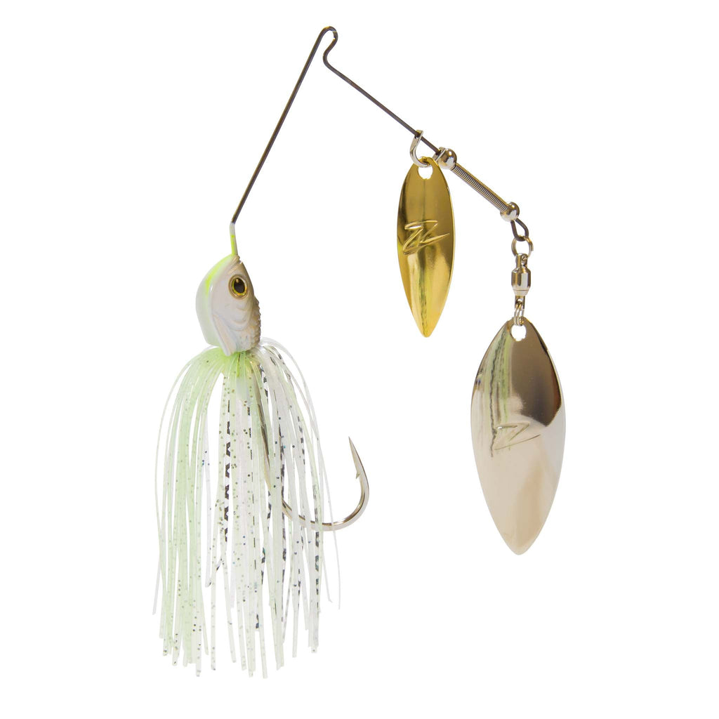 Fishing double-willow spinnerbait with white skirt and chartreuse glow accents on blades