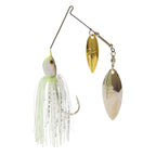Fishing double-willow spinnerbait with white skirt and chartreuse glow accents on blades