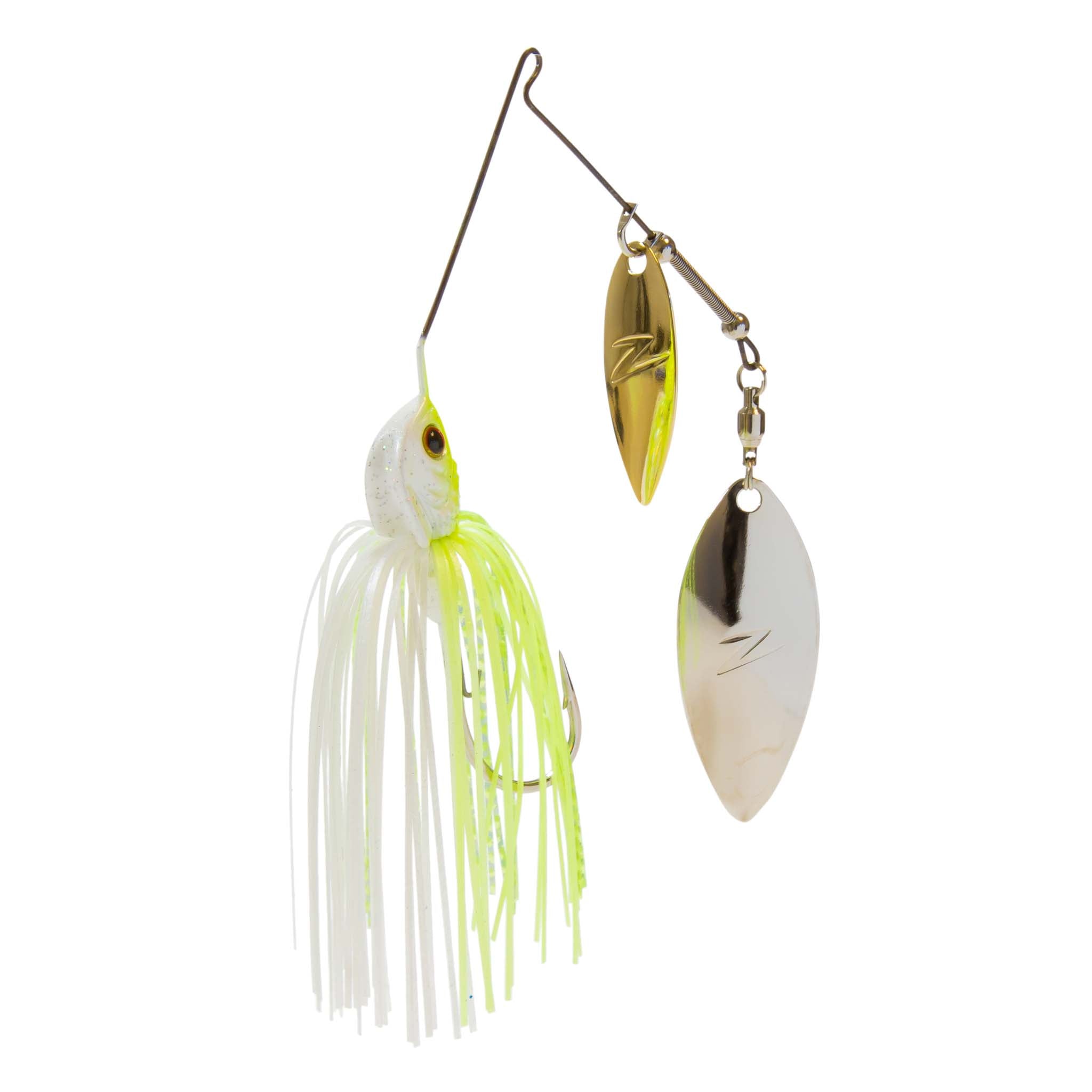 Fishing double-willow spinnerbait with white skirt and chartreuse stripes, silvery blades