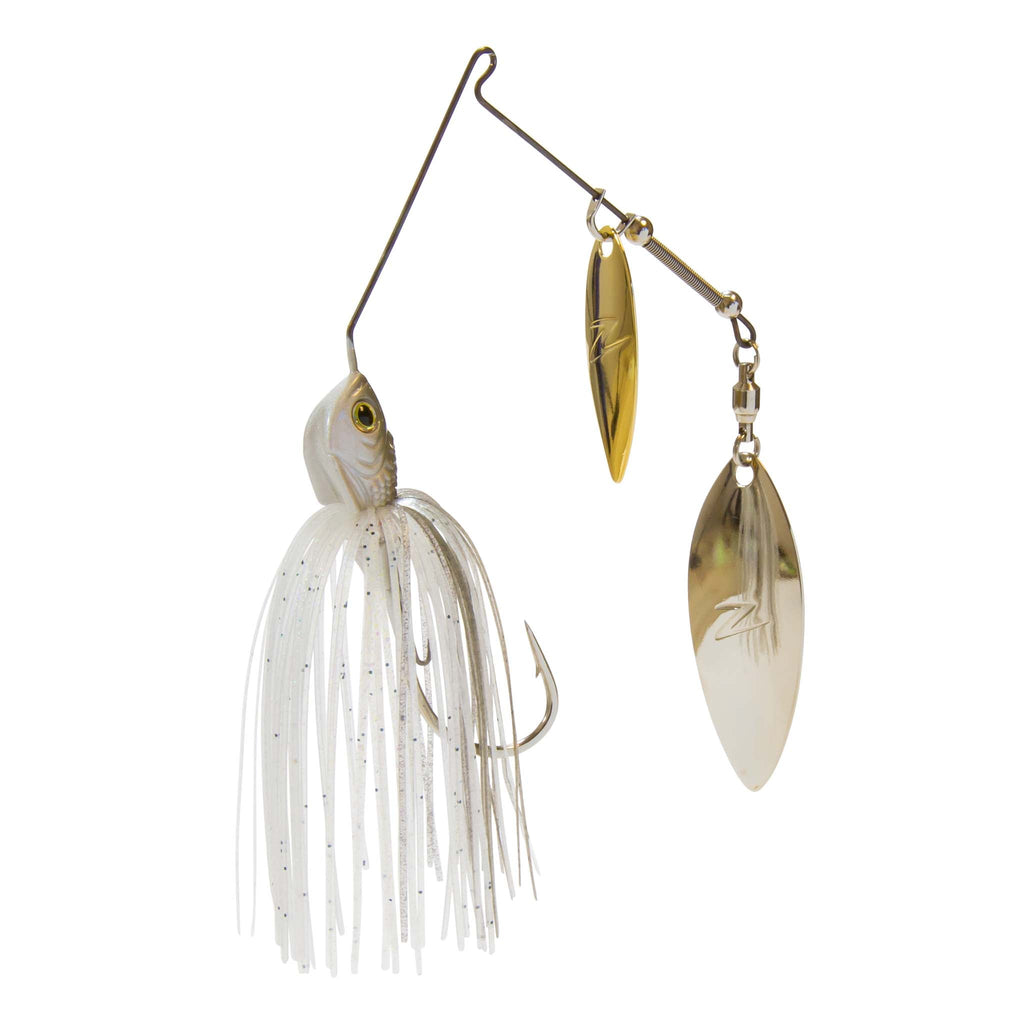 Fishing double-willow spinnerbait with white skirt and two gold-toned metal blades