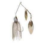 Double willow spinnerbait lure with white striped skirt and silver-gold double blades