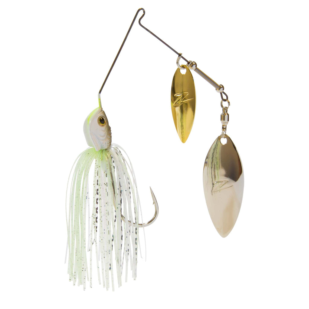 Double willow spinnerbait lure with green-white skirt and gold double blades