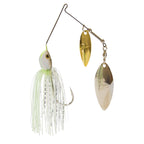 Double willow spinnerbait lure with green-white skirt and gold double blades