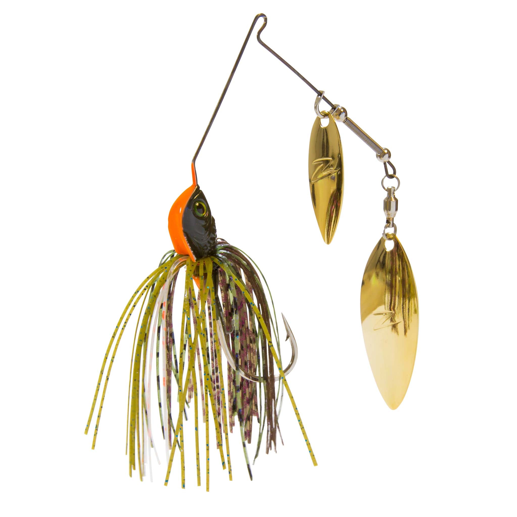 Double willow spinnerbait lure with dark skirt, orange top, and gold double blades