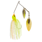 Double willow spinnerbait lure with chartreuse skirt and gold double blades