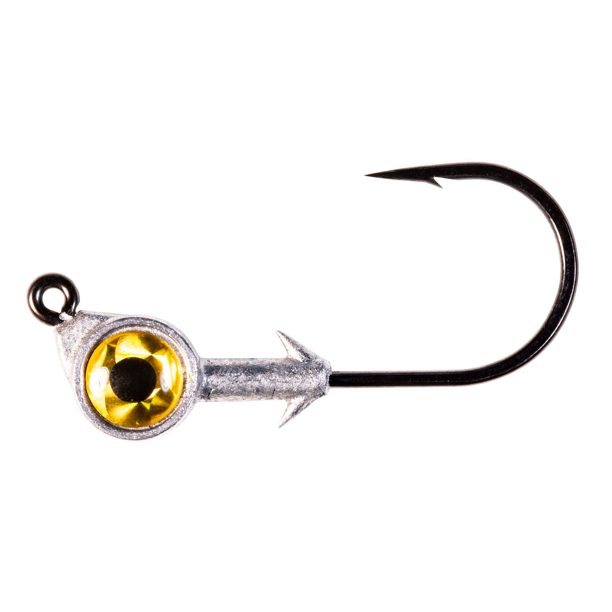 Swimbait jighead with gold reflective eye and black hook