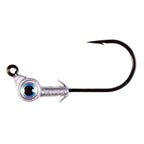 Swimbait jighead with blue reflective eye and black hook