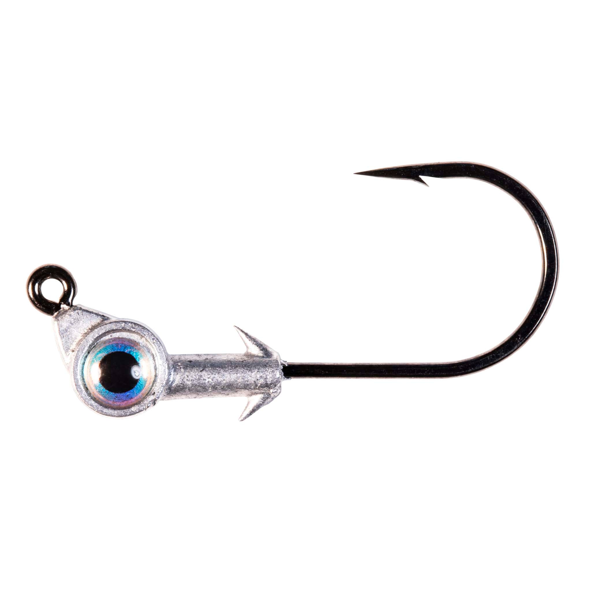 Swimbait jighead with blue reflective eye and black hook
