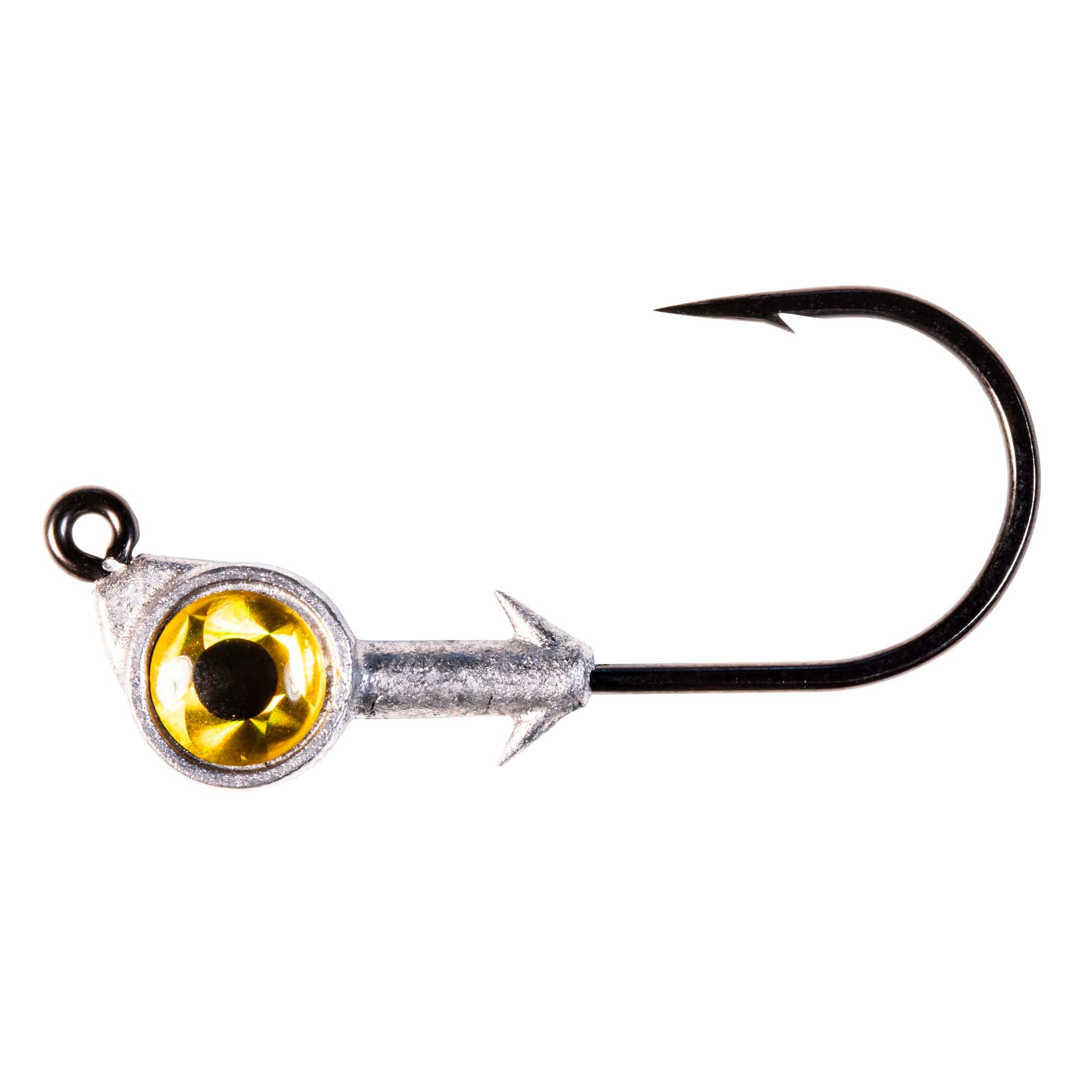 Swimbait jighead with gold reflective eye and black hook, close view
