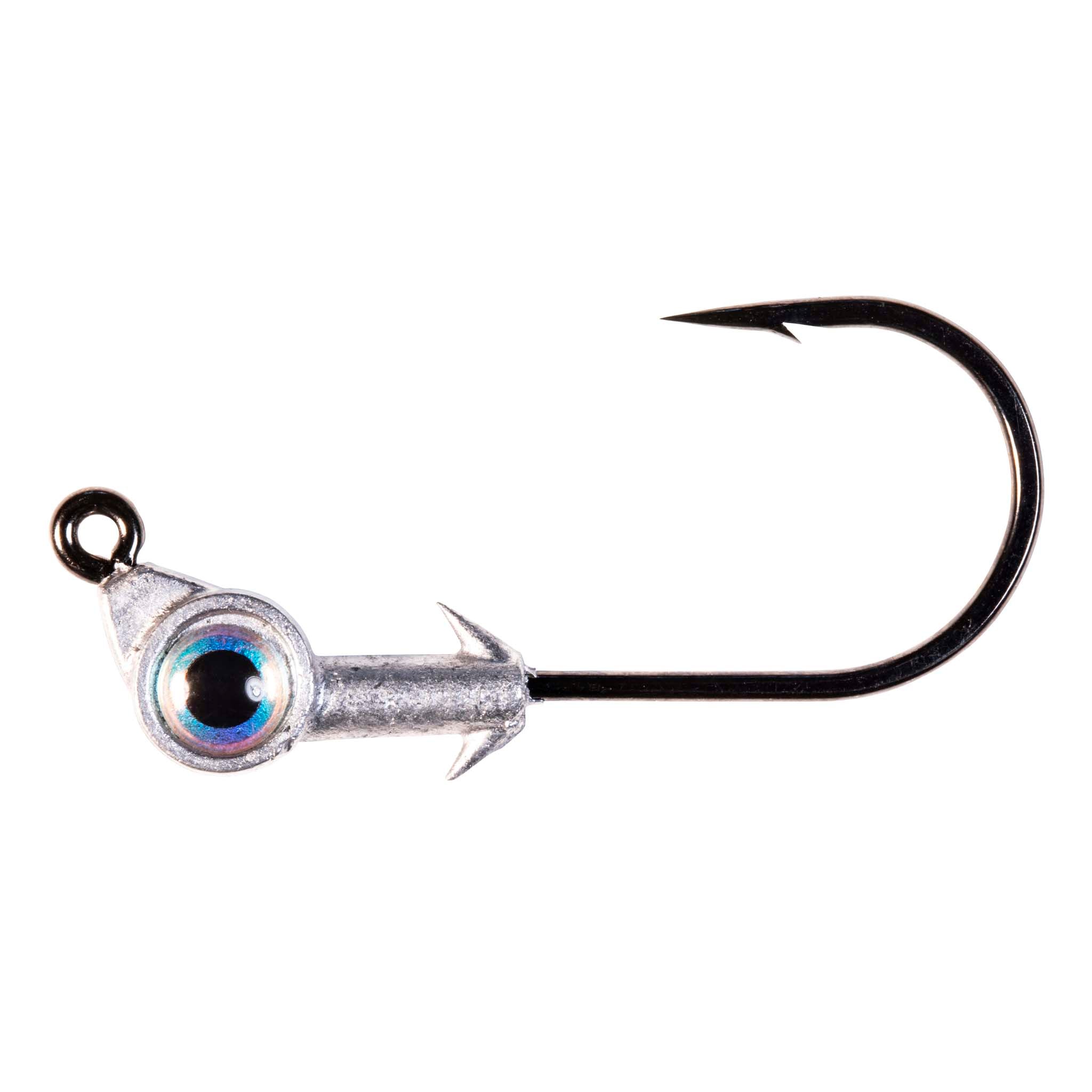 Swimbait jighead with blue reflective eye and black hook, side angle