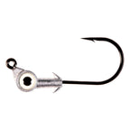 Swimbait jighead with dark reflective eye and black hook, side angle