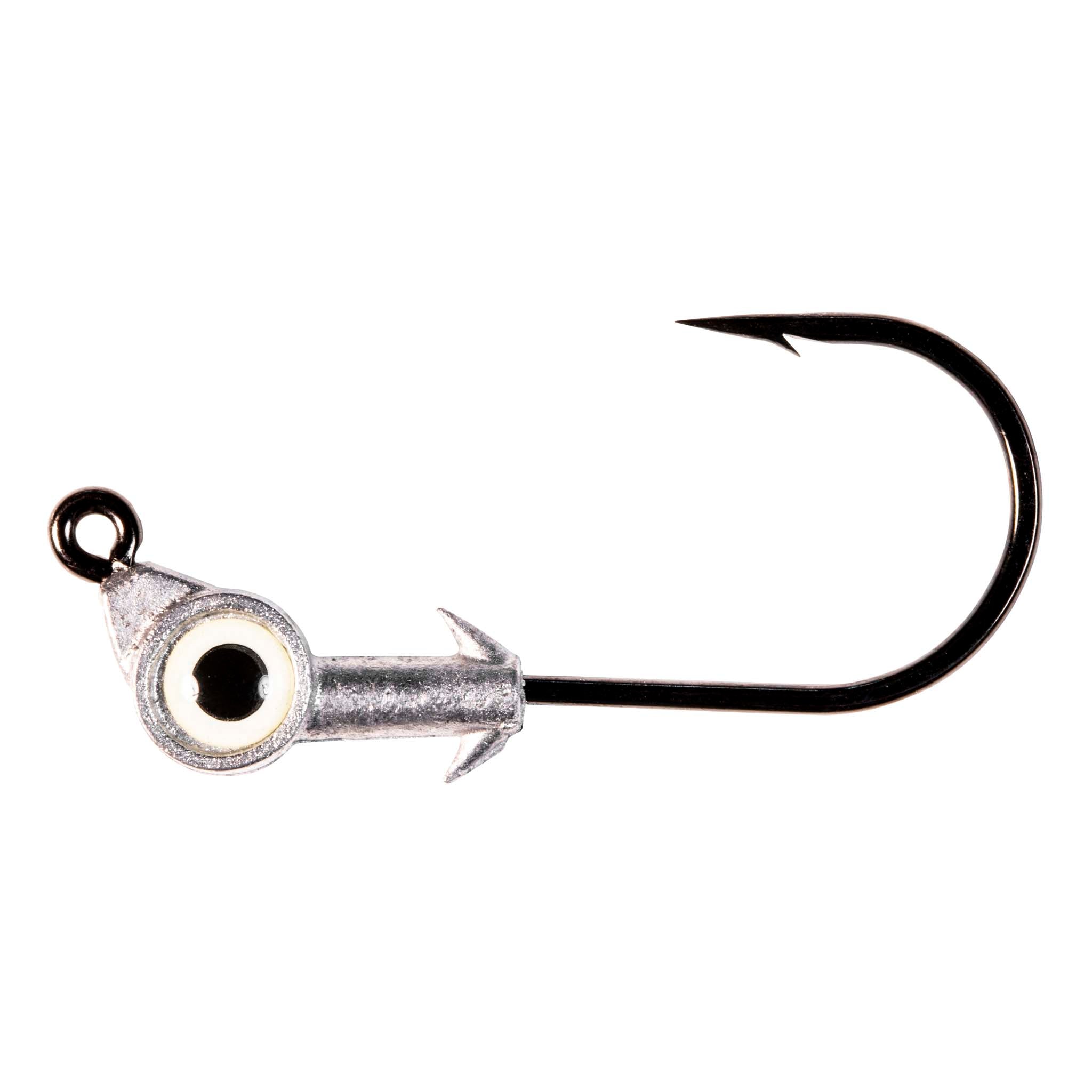 Swimbait jighead with dark reflective eye and black hook, side angle