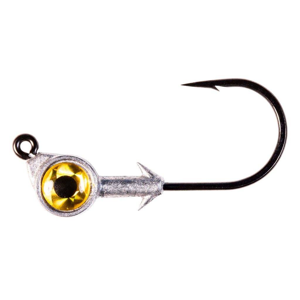 Swimbait jighead with gold reflective eye and black hook, angled head