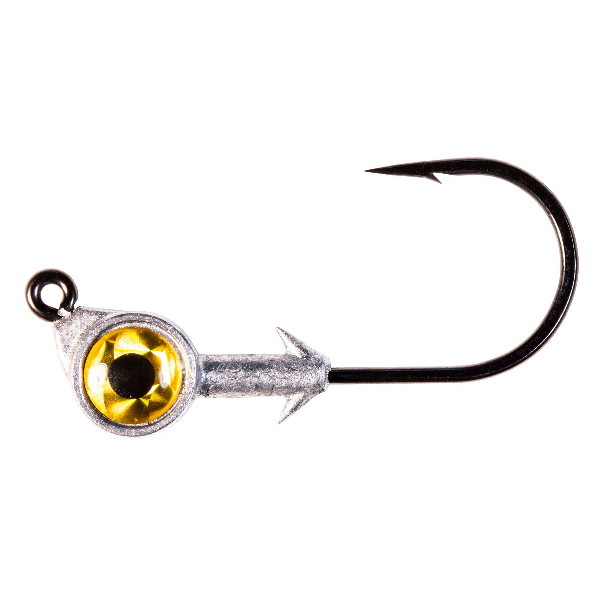 Swimbait jighead with gold reflective eye and black hook, angled head