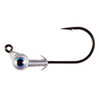 Swimbait jighead with blue eye, barbed hook, silver lead collar