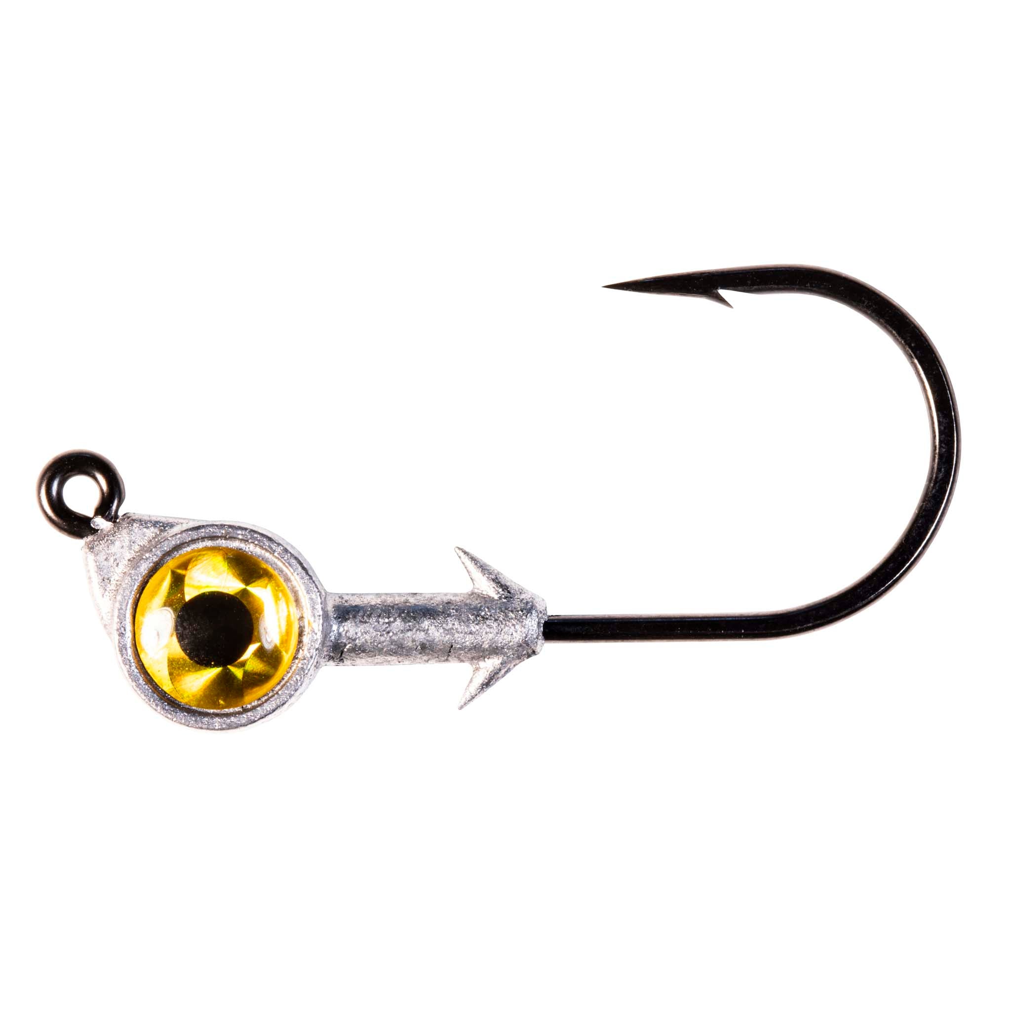 Swimbait jighead with gold/yellow eye, barbed hook, silver lead collar