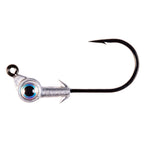 Swimbait jighead with blue iridescent eye, barbed hook, silver lead collar