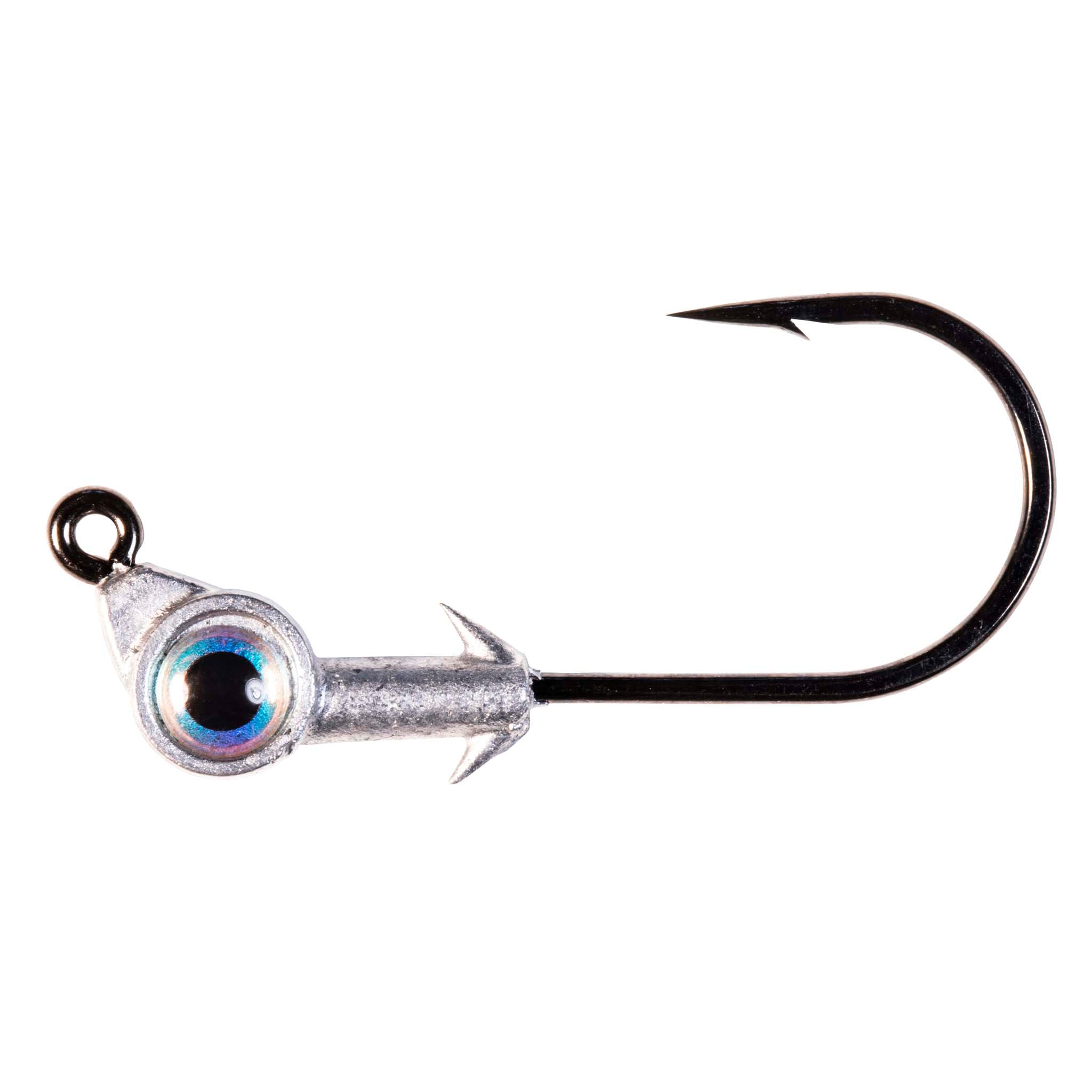 Swimbait jighead with blue iridescent eye, barbed hook, silver lead collar