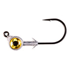 Swimbait jighead with gold/yellow eye, barbed hook, silver lead baithead