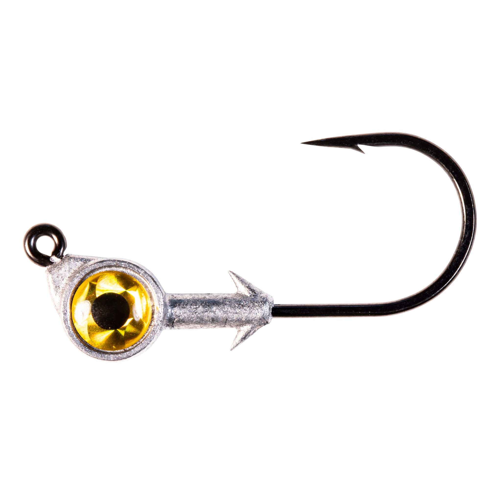 Swimbait jighead with gold/yellow eye, barbed hook, silver lead baithead