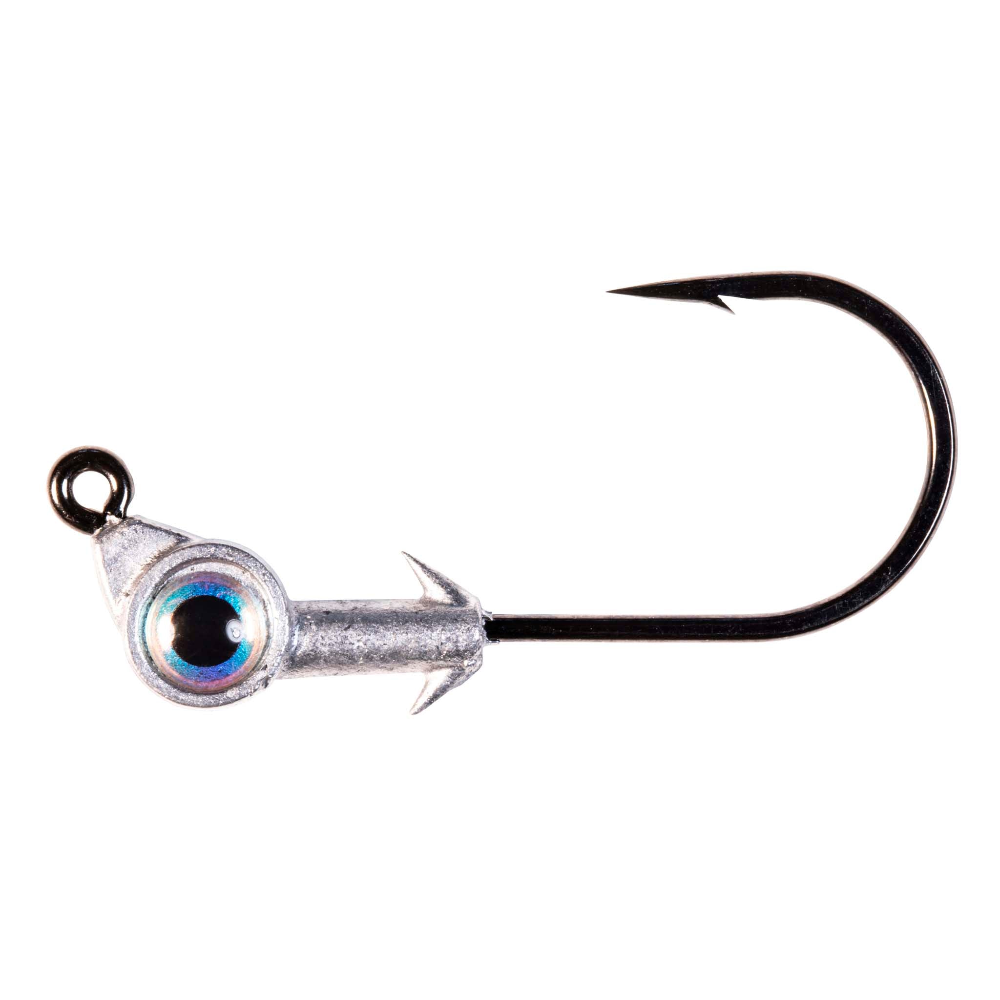 Swimbait jighead with blue eye, barbed hook, silver lead baithead