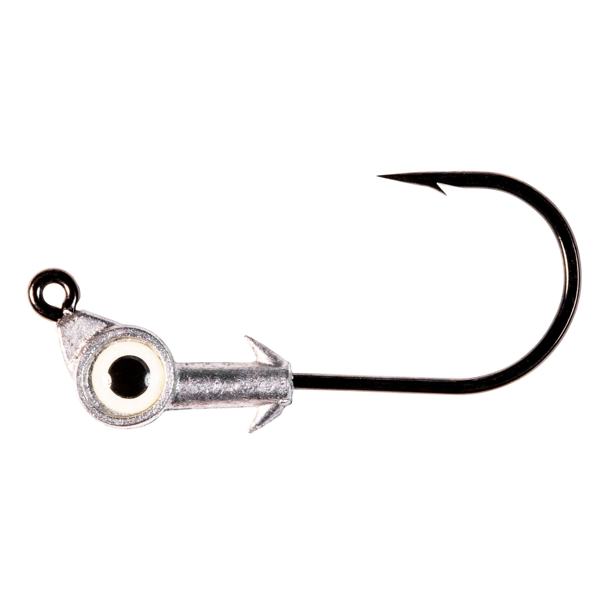 Swimbait jighead with black eye, barbed hook, silver lead baithead