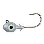 Fishing jighead with light green glow eye, painted lead head, and single hook