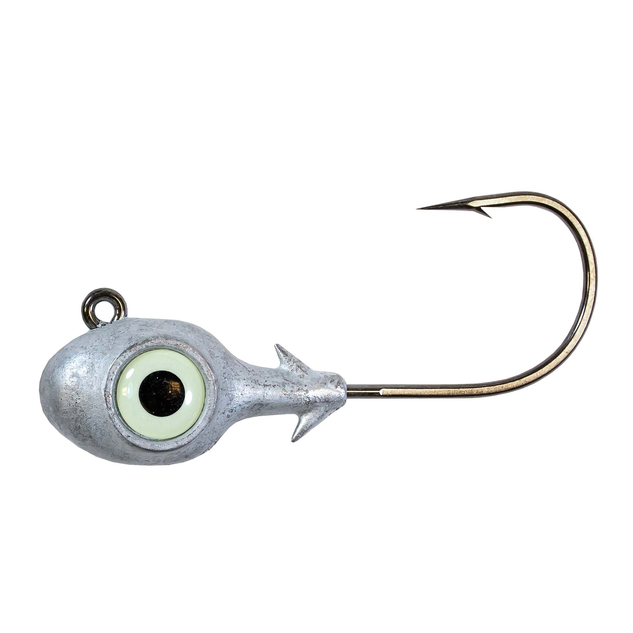 Fishing jighead with light green glow eye, painted lead head, and single hook