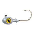 Fishing jighead with gold eye, painted lead head, and single hook