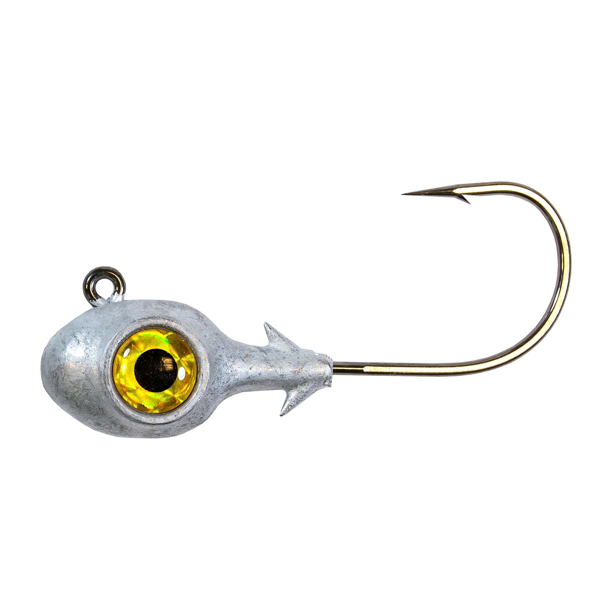 Fishing jighead with gold eye, painted lead head, and single hook