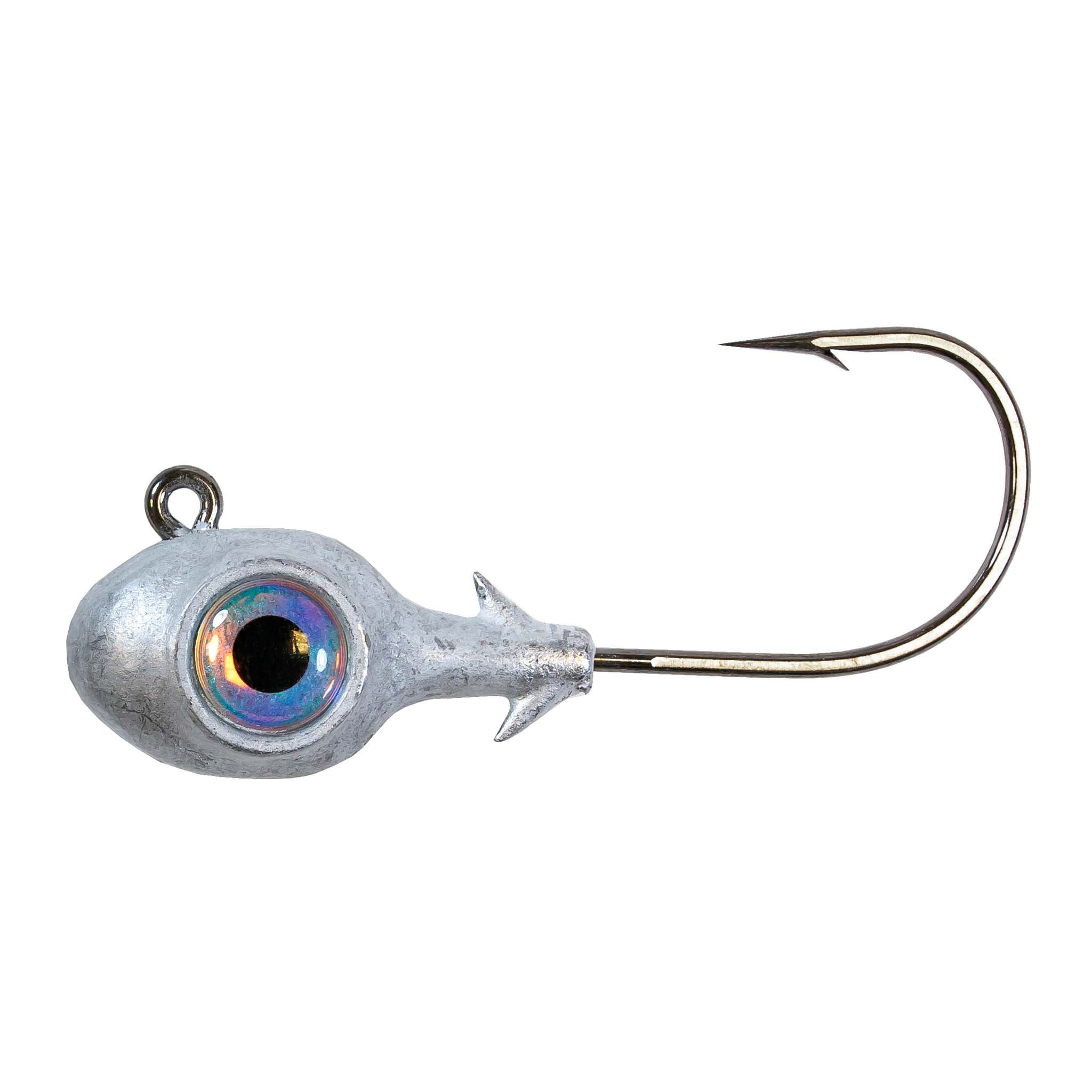 Fishing jighead with iridescent pearl eye, lead head, and single hook