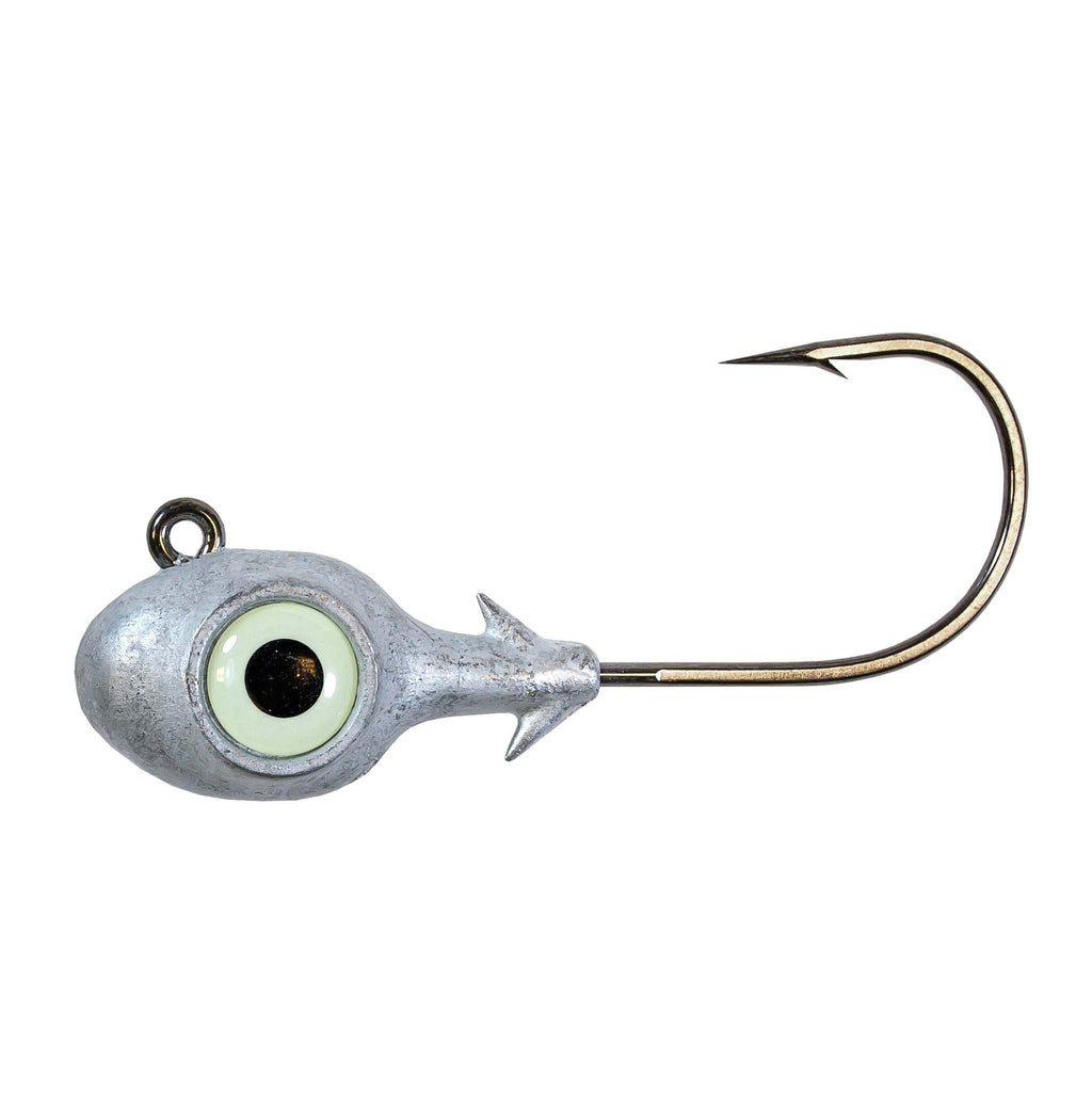 Fishing jighead with glowing light green eye, lead head, and single hook
