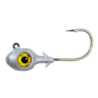 Fishing jighead with bright gold eye, lead head, and single hook
