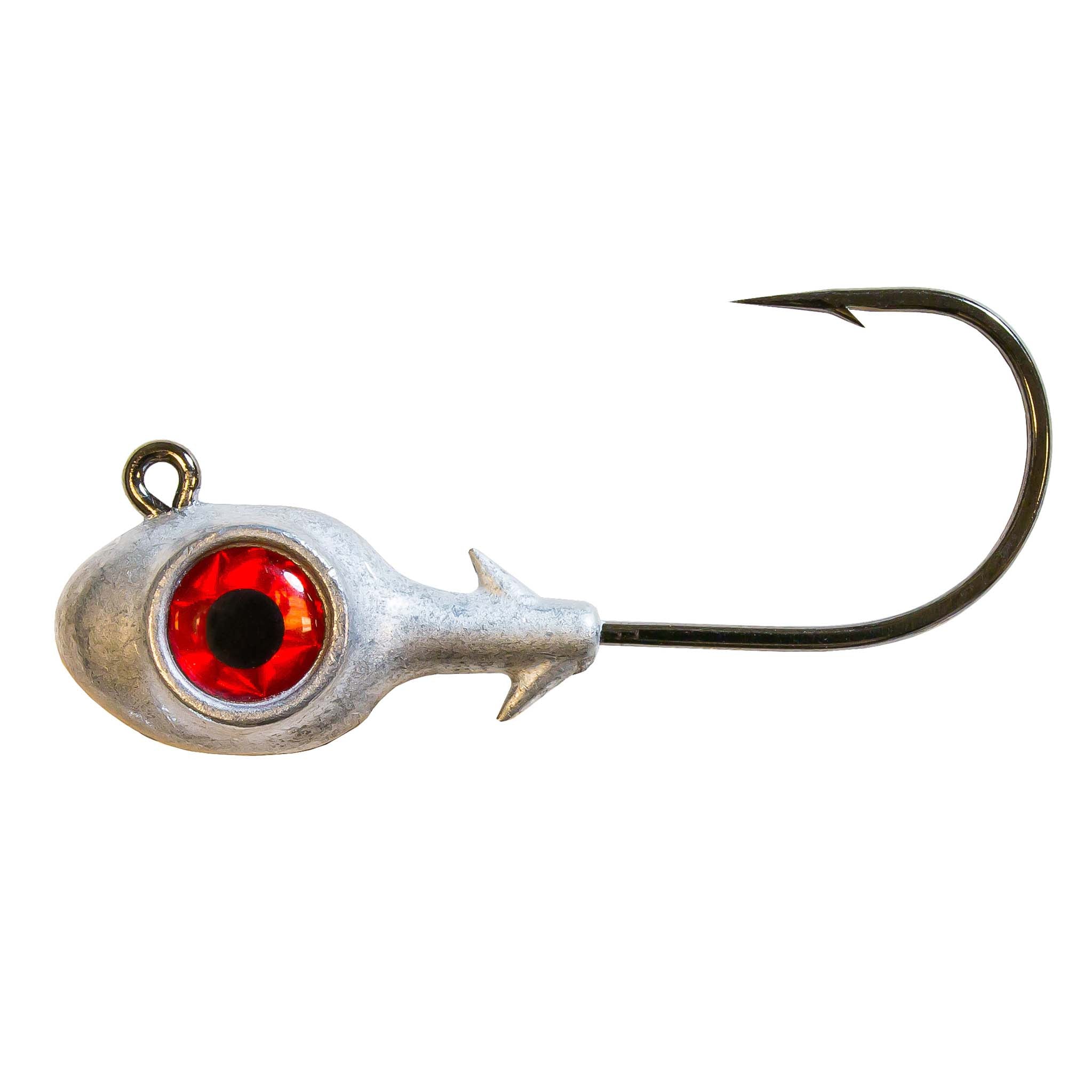 Fishing jighead with vivid red eye, painted lead head, and single hook
